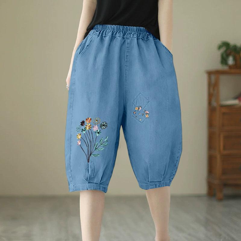 

ZANZEA Women Casual Embroidery Print Loose Summer Capris Pants 5XL світло-синій колір