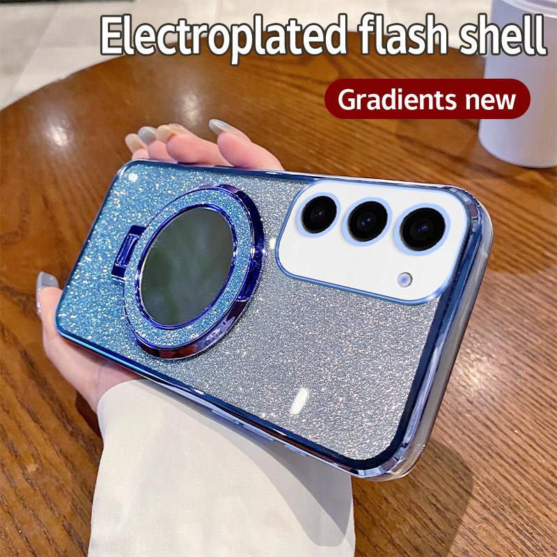 S24 Cute Mirror Glitter Silicone Case For Samsung Galaxy S24 Plus S24 Ultra Magnetic Bracket Simple Shockproof Back Cover S24 FE