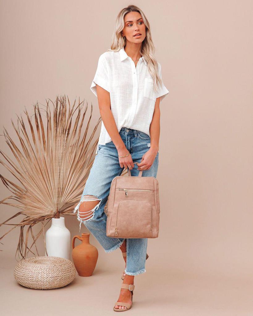 Damska letnia bluzka z bawełny i lnu z krótkim rękawem - Koszula damska z klapą zapinana na guziki