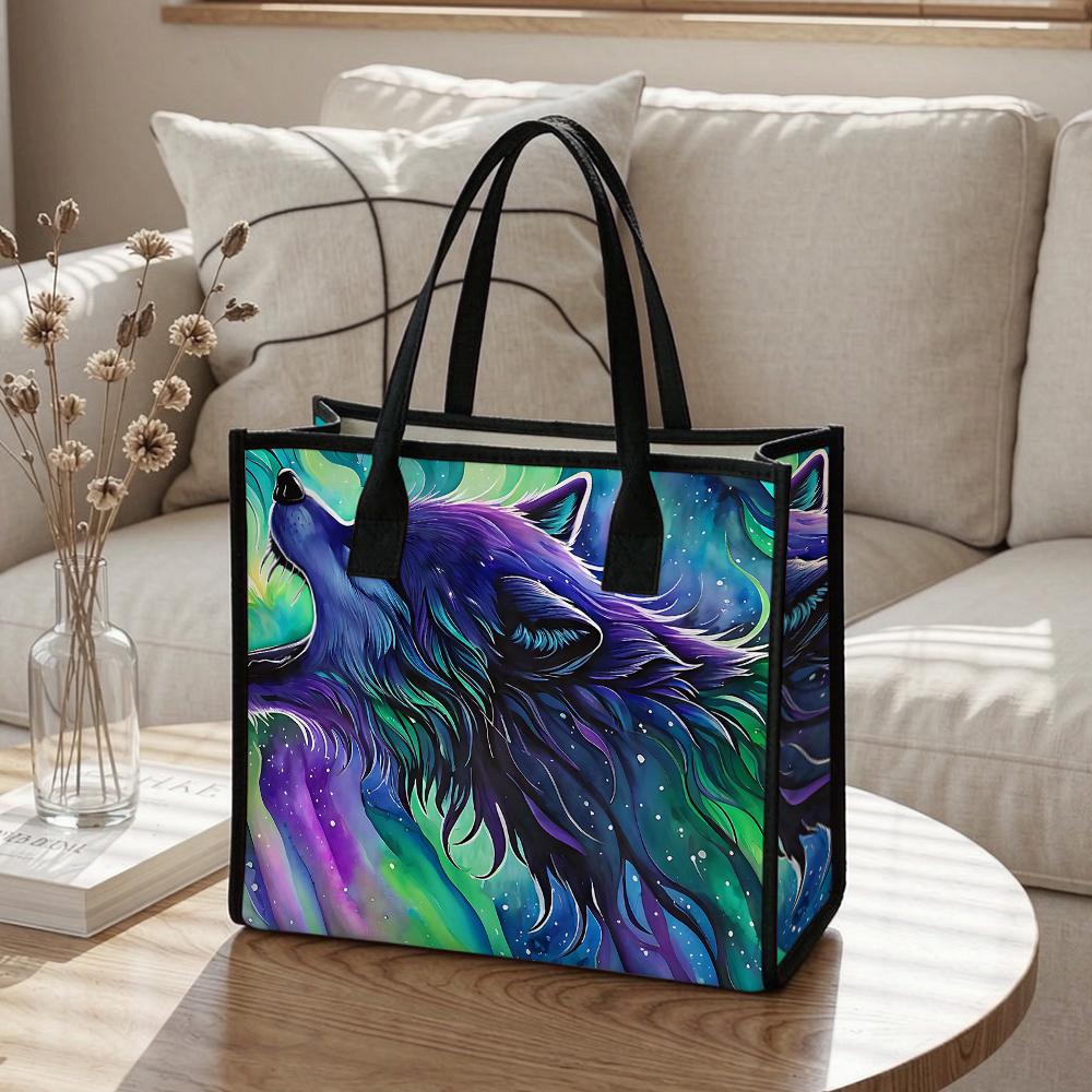Stylish Wolf Printed Tote Bag Casual Large Capacity Shoulder Handbag for Daily Use