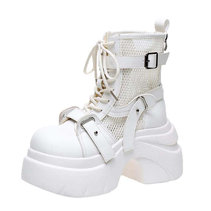 Fashion Designer Women's Short Boots New Early Autumn Mesh Leather Chunky Boots Gladiator High Platfom Buckle Goth Boots Mujer Zapatos