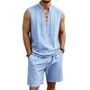 Men Solid Linen 2 Piece Outfit Mandarin Collar Lace Up Sleeveless Tank Drawstring Shorts Beach Set