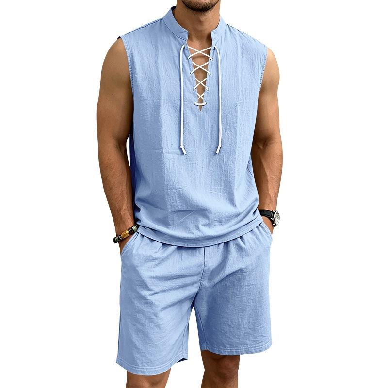 Men Solid Linen 2 Piece Outfit Mandarin Collar Lace Up Sleeveless Tank Drawstring Shorts Beach Set