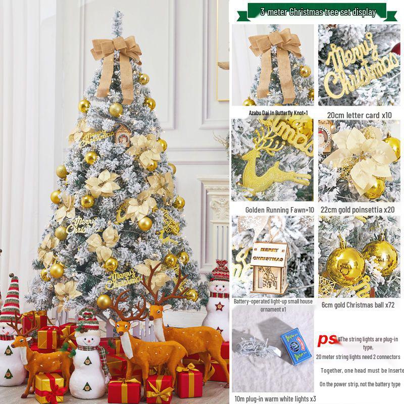 Golden Christmas Tree Set with Ornaments: 1.5m, 1.8m, 2.1m Flocked Pine with White Snow