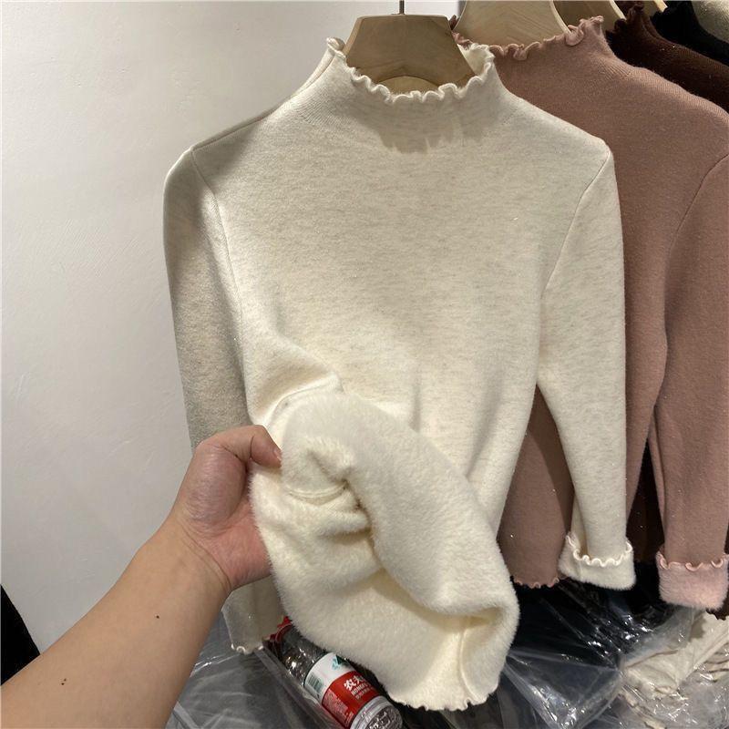 Solid Retro Plus Velvet Padded Knitted Bottoming Shirt Women Autumn Winter New Fashion Long Sleeved Tops Casual Pullover
