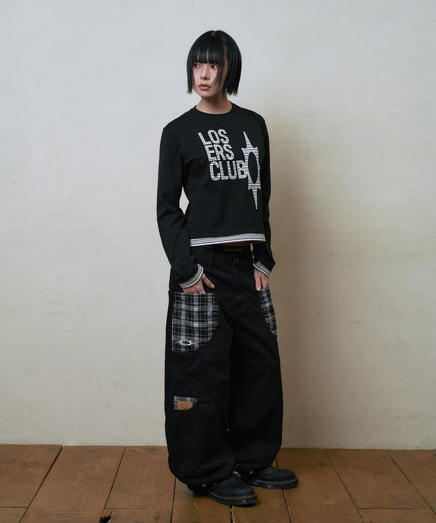 Lujeoseukeulleob Check Patch Wide Cotton Pants Black