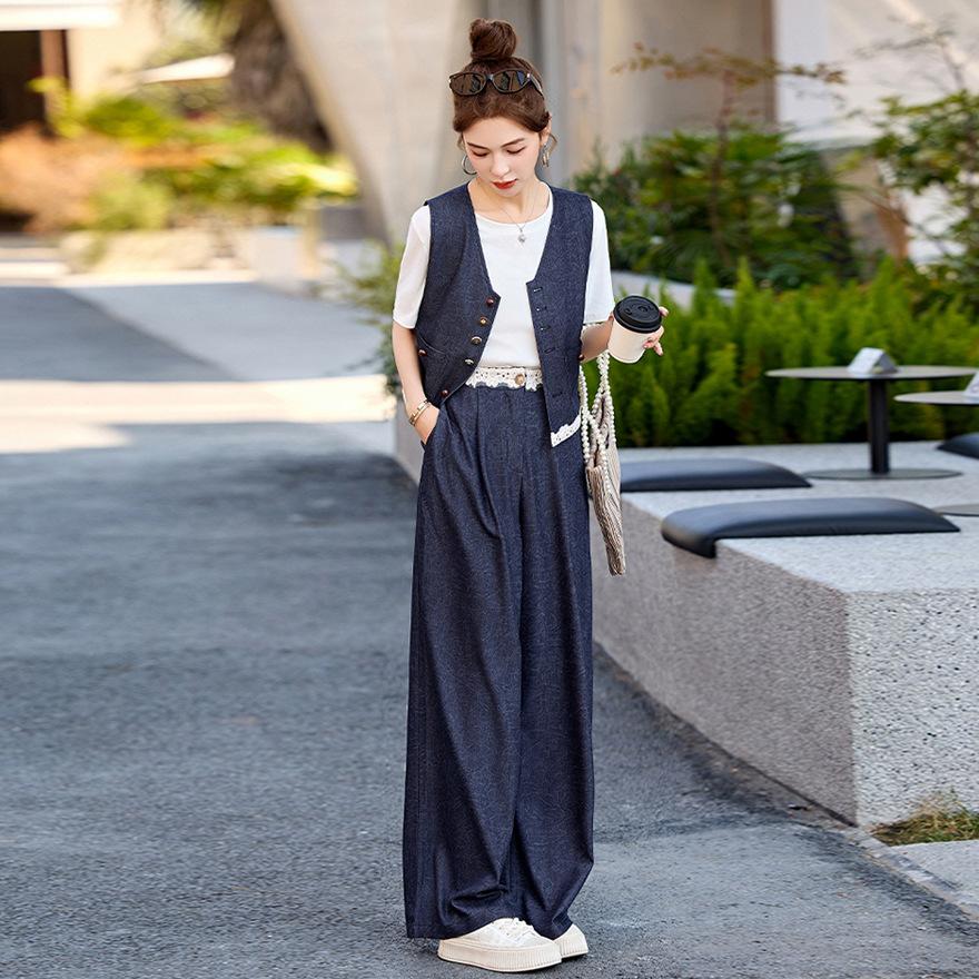 Fashion lace splicing denim vest suit women's summer new age-reducing wide-leg pants three-piece set