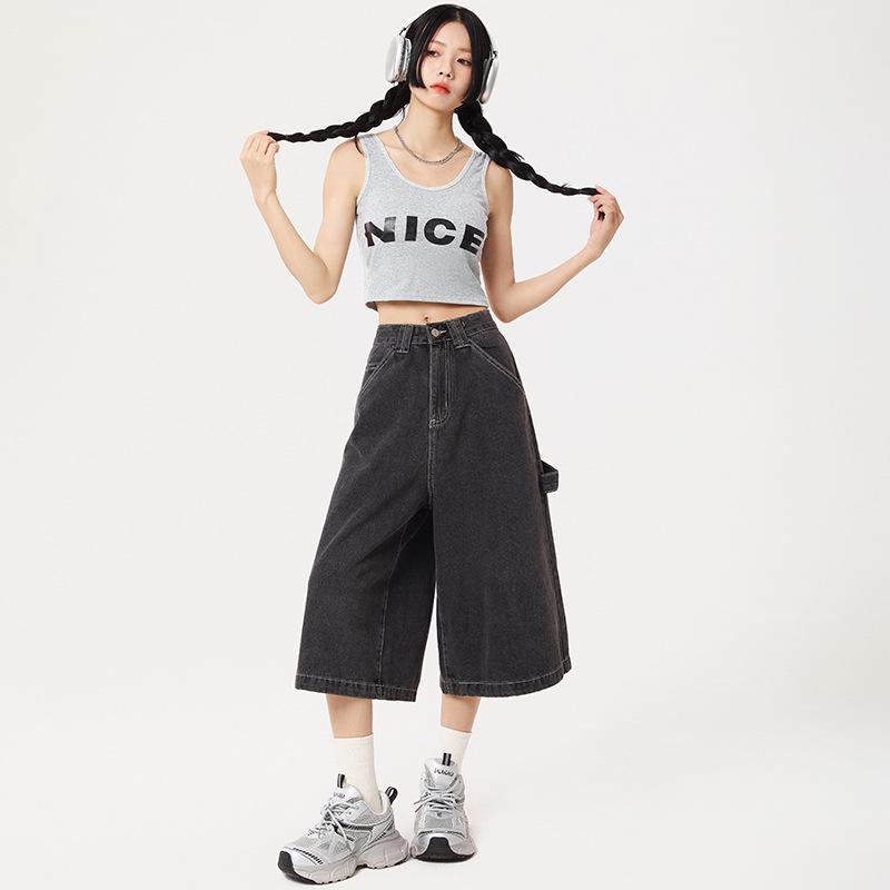 

Women s Wide-Leg Cropped Denim Pants - Casual Loose Mid-Length Summer Trend Extra Large