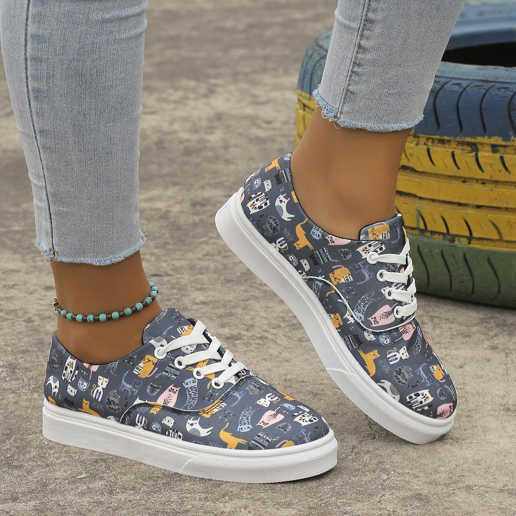 Sneakers Damskie Buty Sznurowane z Nadrukiem Kwiatowym Okrągły Nosek Damskie Płaskie Buty Pojedynczy But Sznurowane Casualowe Płaskie Sneakersy