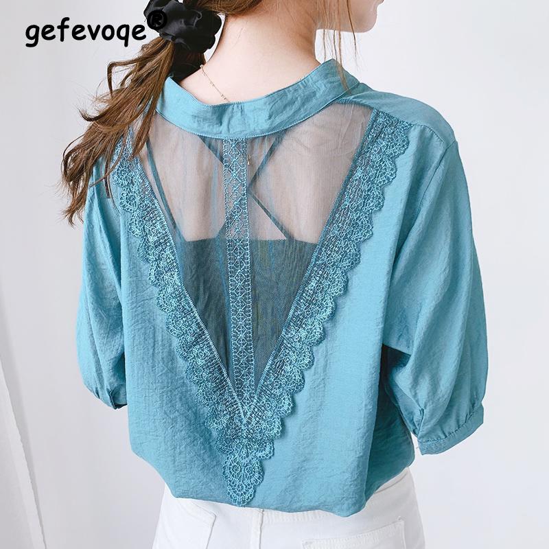 Elegant Solid Hollow Out Lace Patchwork Perspective Shirt Summer 2024 V-Neck Short Sleeve Loose Pullover Blouse Women's Clothing