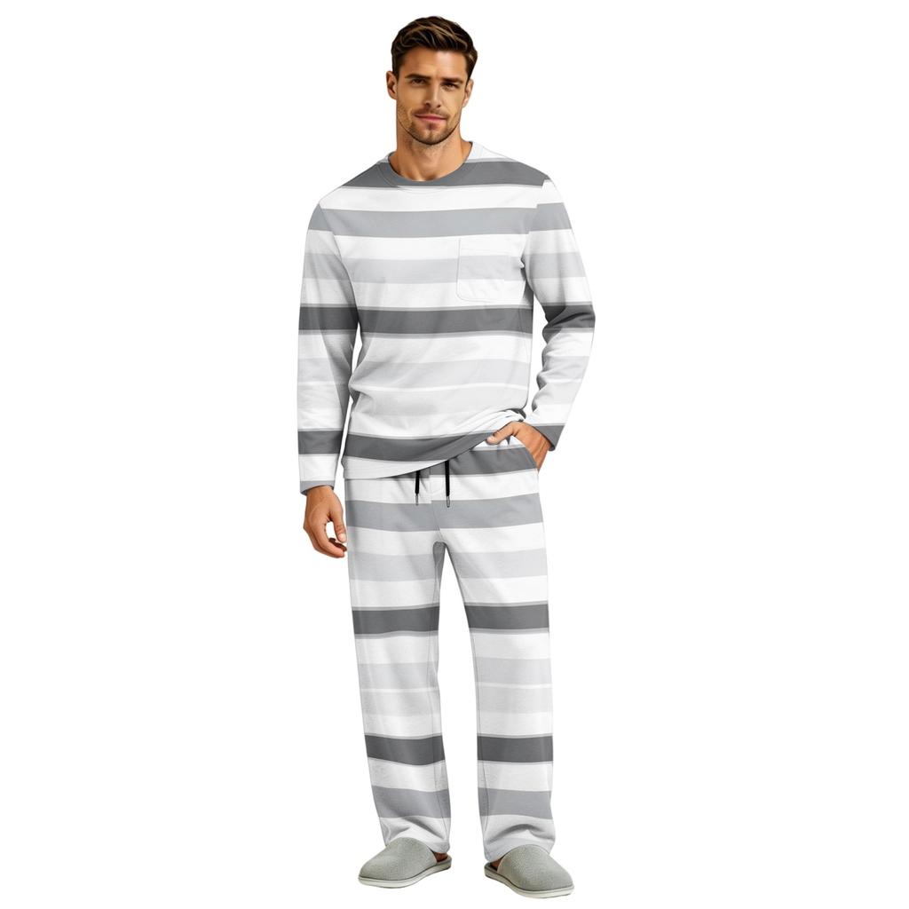 Men's Long Sleeve Pajama Set with Button Crotch and Elastic Drawstring Waist Pants for Home Loungewear