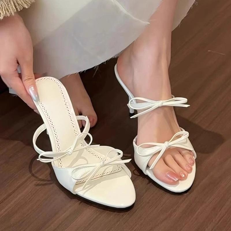 Fashion Slip Strap High Heels Summer New Round Toe Open Toe Versatile Beautiful Bow Non-slip Slide Slippers