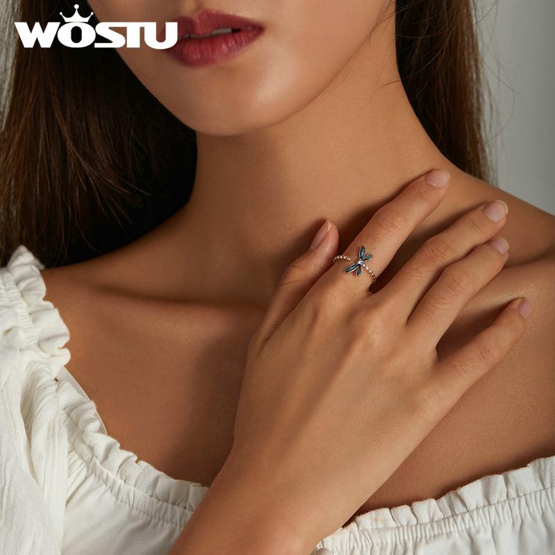 WOSTU 925 Silver Pet Cat Stackable Opening Ring For Women Snake Dog Adjustable Rings Fine Jewelry Party Birthday Gift