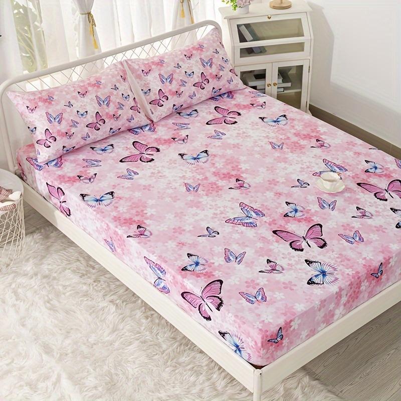 Soft And Breathable Butterfly Fitted Sheet Set Fashion Non-Slip Mattress Protector For Bedroom Guest Room School Dorm Decor