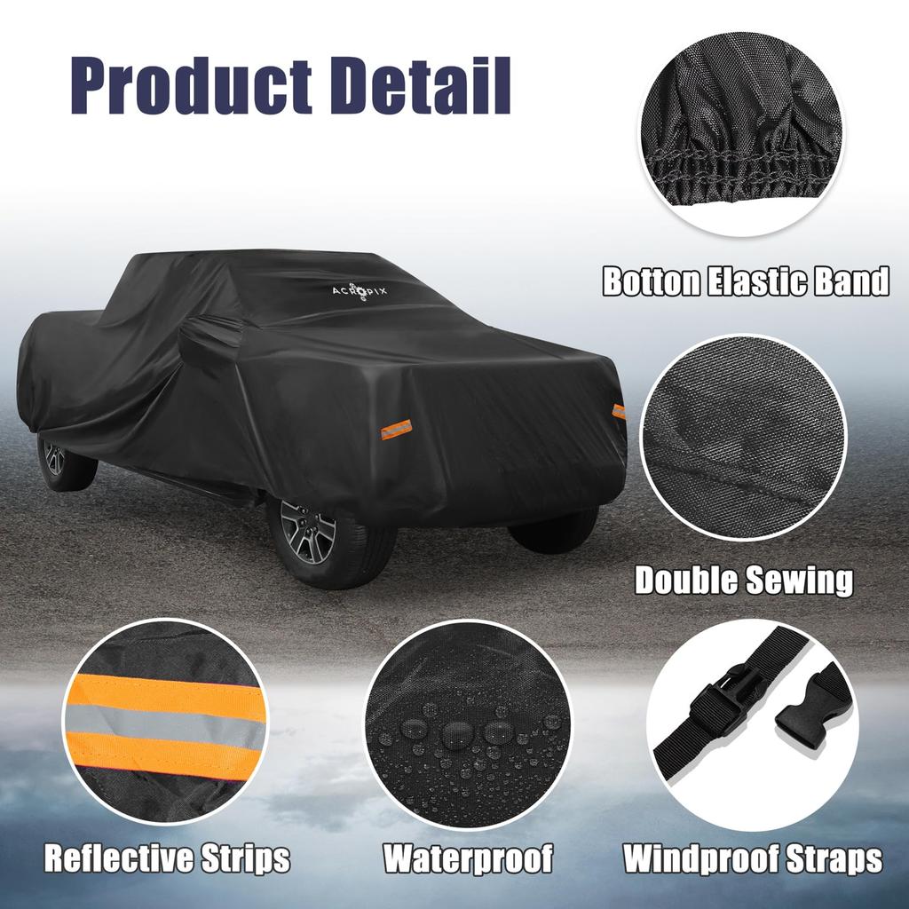 ACROPIX Pickup Truck Car Cover for Toyota Tacoma Double Cab with Feet 1 Piece 4-Door 6.1 Bed, Black,