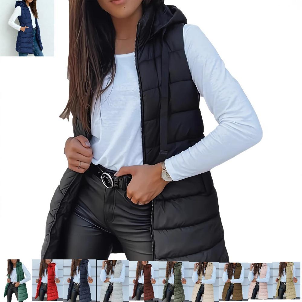Autumn Winter Solid Color Hooded Zip Cotton Vest Women Mid-Length Plus Size Padded Gilet Coat