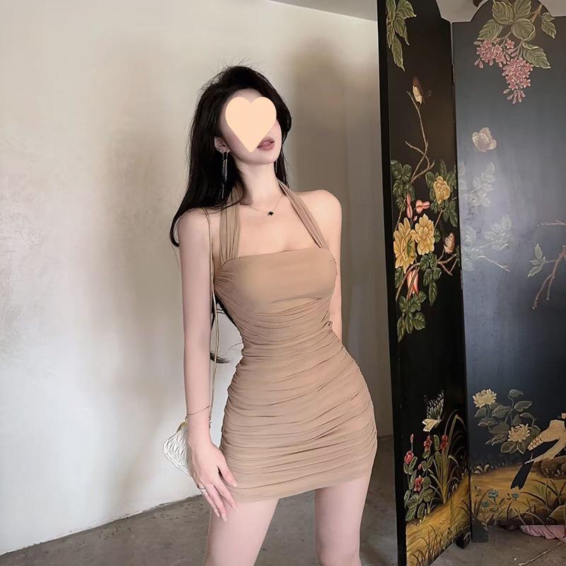 Sexy Halter Neck Strapless Bodycon Mini Dress - Mesh, Pleated Waist, Hip-Hugging Style Small