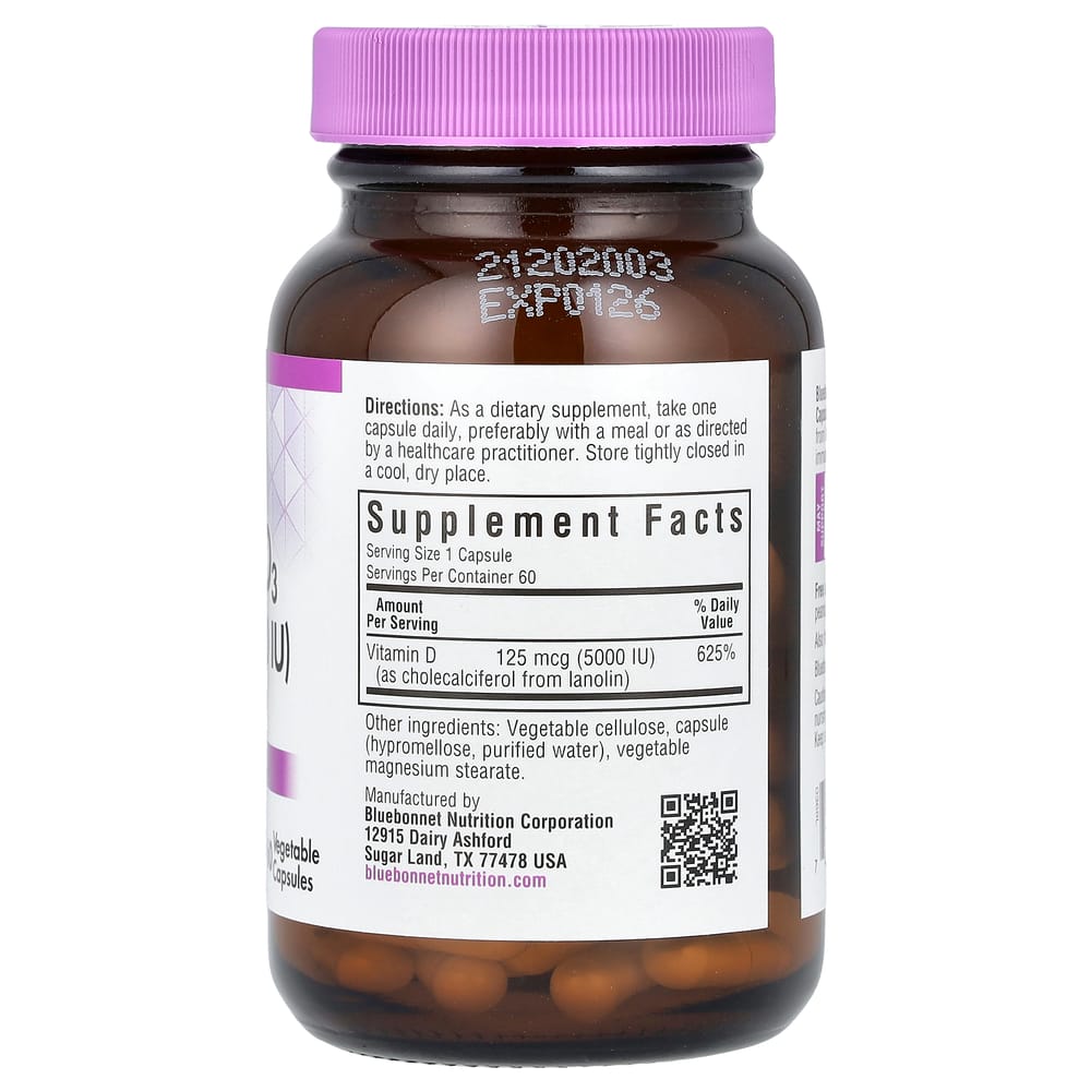 Bluebonnet Nutrition Vitamin D3 5000 IU Veggie Capsules 60 Counts