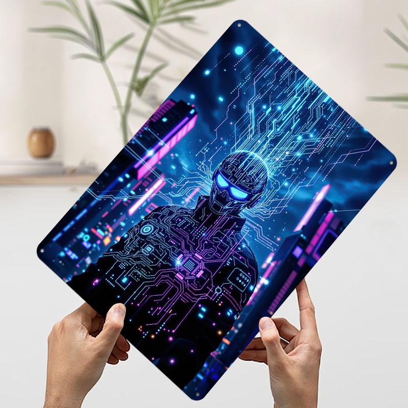 

Cyberpunk Hacker in Futuristic Cityscape Metal Poster Customized Wall Art Retro Vintage Tinplate Signs for Apartment Decoration 20x30cm（7.8x11.8inch）