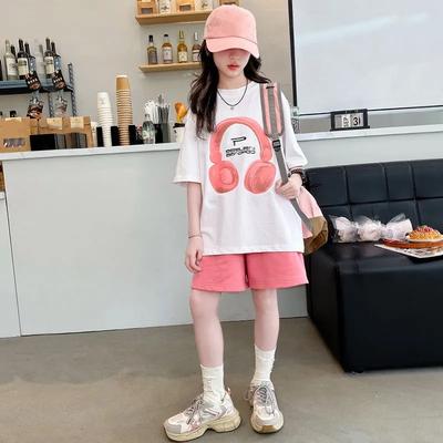Girls Summer Sportswear Suit Middle and Big Children Round Neck Short Sleeve T-shirt+ Shorts Personalized Leisure Two-piece Set