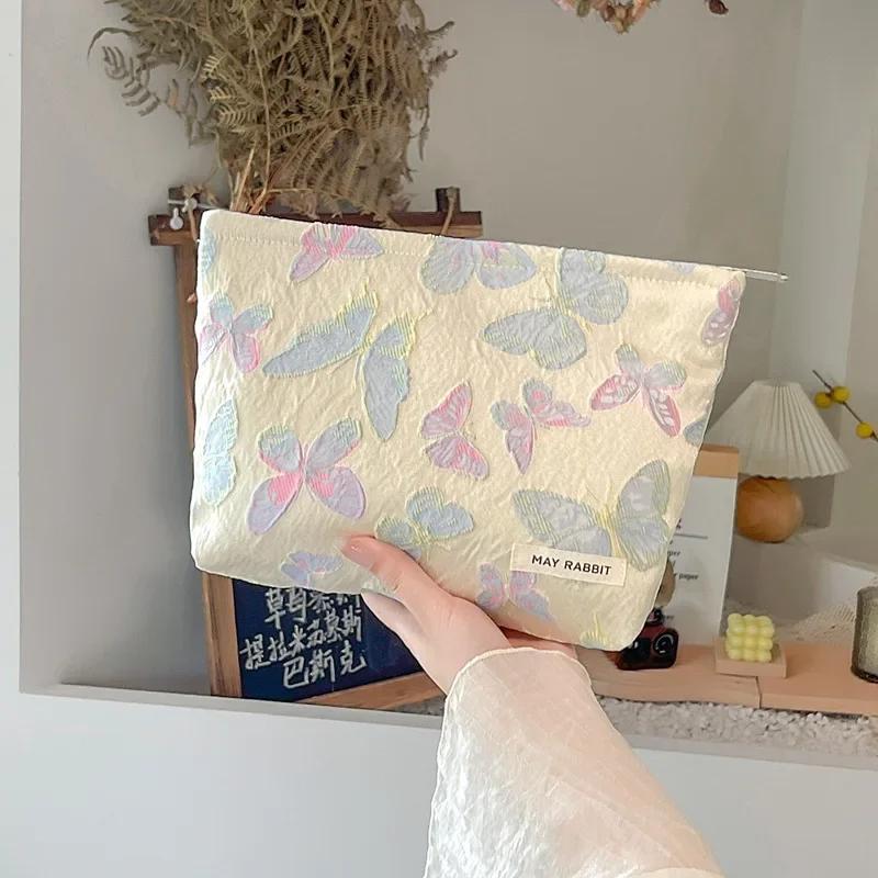 Simple Sweet Pink Flower Embroidered Clutch Cosmetic Bag Makeup Bag Square Canvas Zipper Bag Travel Portable Makeup Organizer