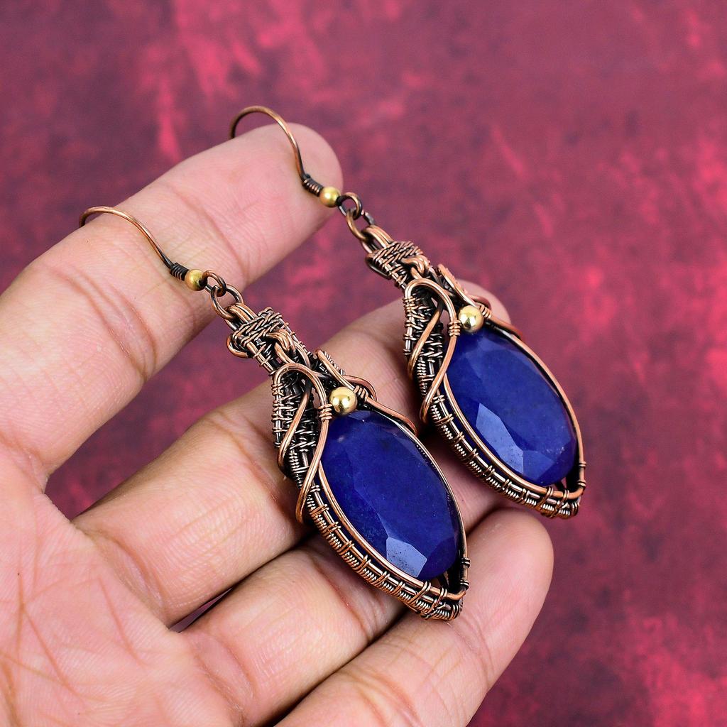 Faceted Blue Sapphire Gemstone Earring Copper Wire Wrapped Earring Handmade Drop Earrings Wire Wrap Jewelry Anniversary Gifts Copper Jewelry