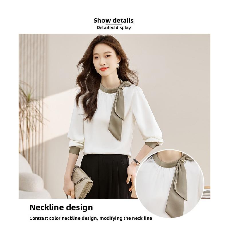 Gentle Collar Bow Tie Shirt for Women, 2026 Spring and Autumn New Style, Color Block Ribbon Design Satin Top