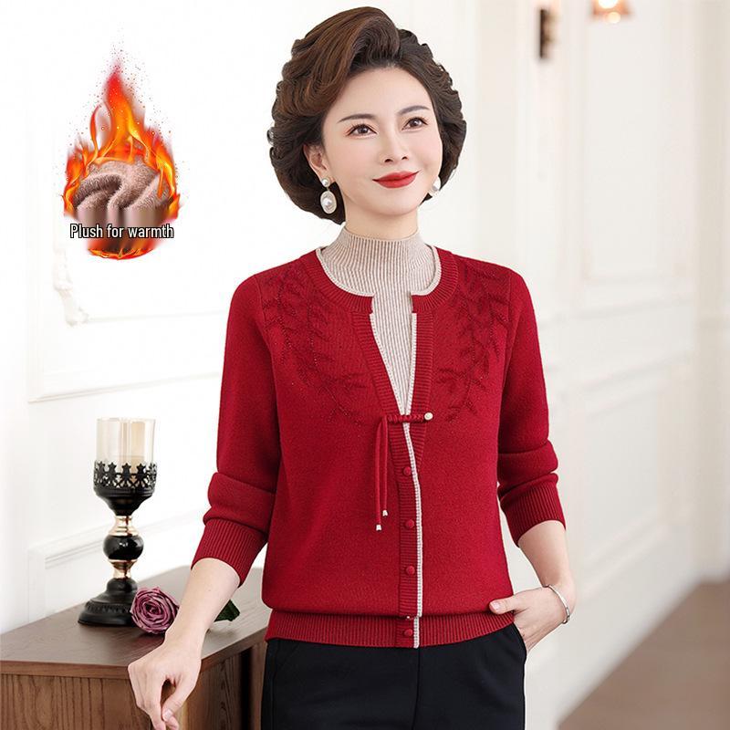 2025 Stylish Winter Top for Middle-Aged & Elderly Women - Fake Two-Piece, Velvet-Lined, Thickened Sweater