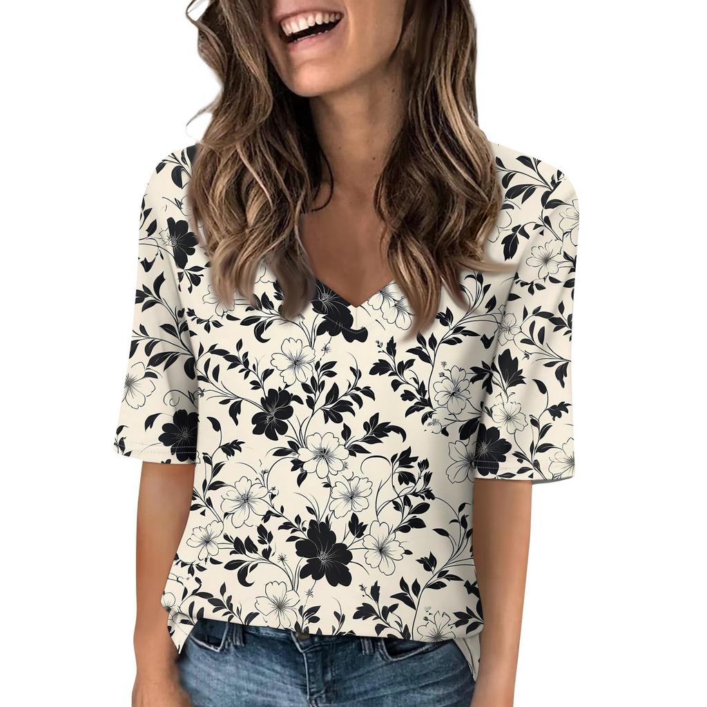 Shirts For Women Trendy V Neck T Shirts Casual Printed Blouse Half Sleeve Tops For Women