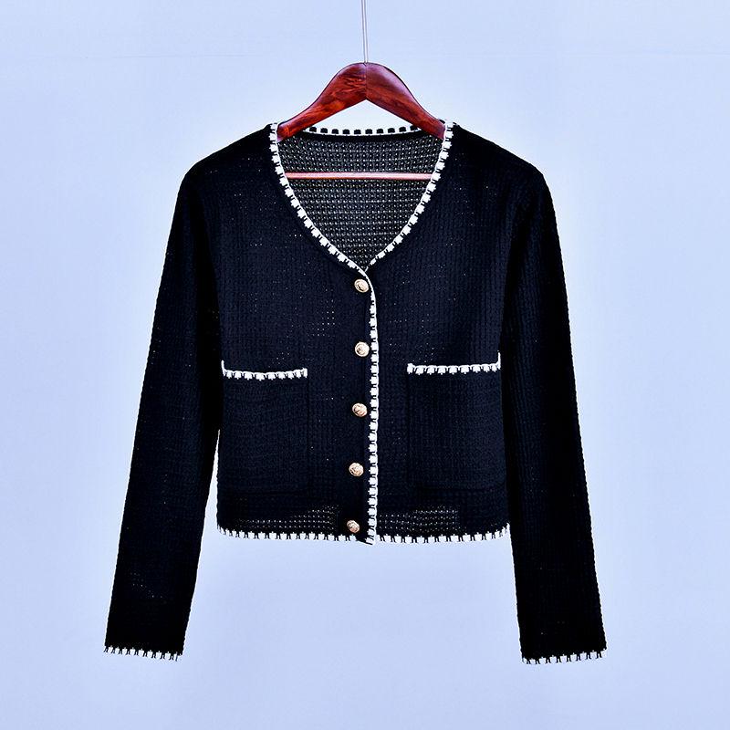 

Вязаный кардиган-свитер с карманом, v-образным вырезом, кардиган с длинными рукавами, полая трикотажная куртка, женский осенне-зимний короткий свитер M чёрный