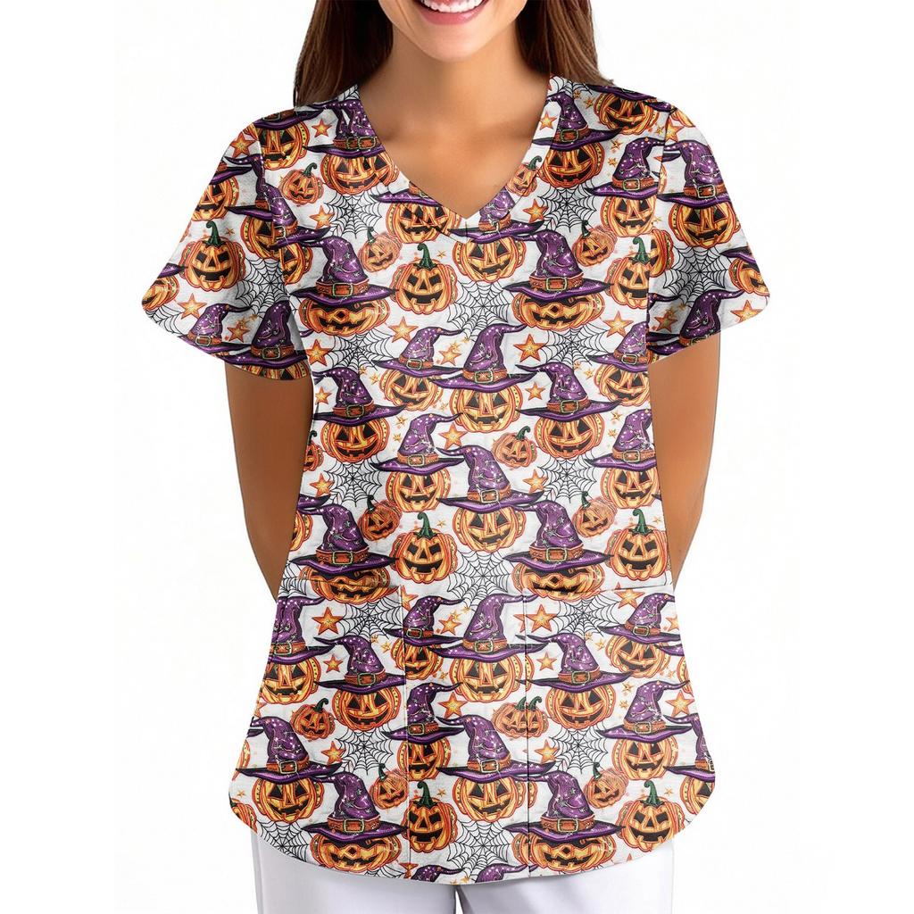 Women's Halloween Printed Loose V-Neck Pocket Short SleevUniform Uniform