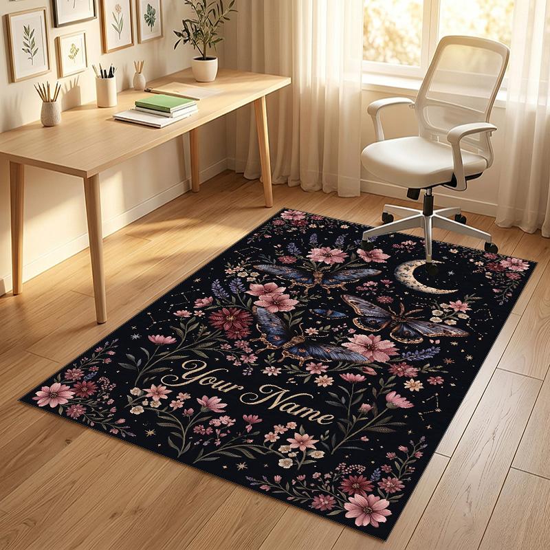 Butterflies Flowers Theme Soft Crystal Velvet Rug Custom Name & Text Print Non Slip Floor Rug for Bedroom Living Room