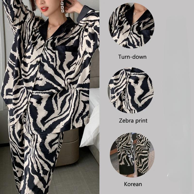 Pijamas de Primavera y Otoño Invierno Mujer Estampado de Cebra Manga Larga Pantalón Largo Set de 2 Piezas Ropa para el Hogar Señora Seda Cómoda Ropa de Dormir