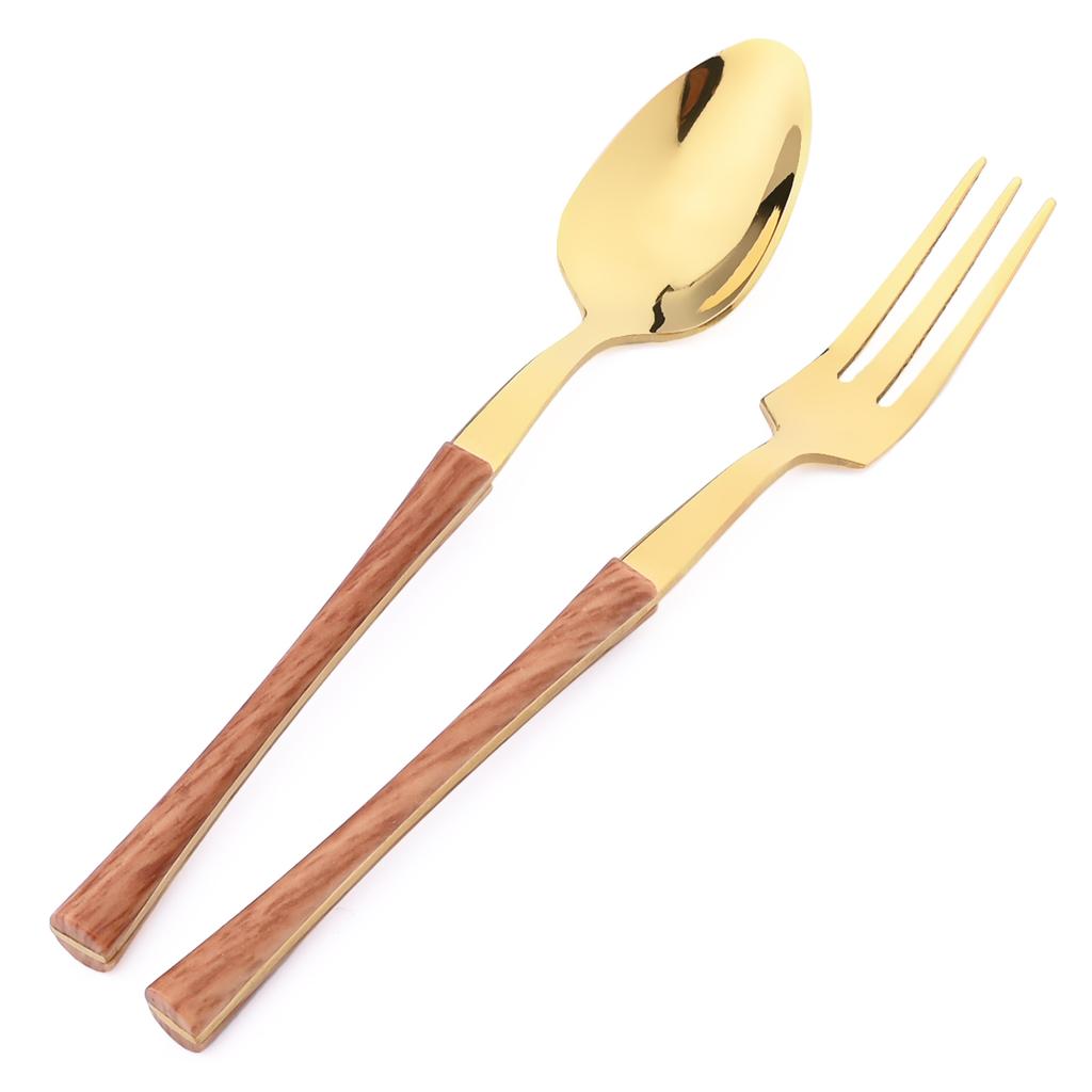 High Quality Black Gold Stainless Steel Dinnerware New Imitation Wood Handle Cutlery Set Knife Fork Coffee Spoon Tableware Kitchen Silverware