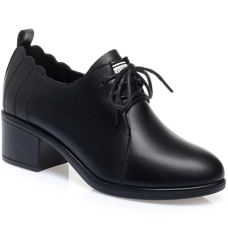 Spring Autumn Deep Mouth New Fashion Casual Women's Solid Shoes Lace Up Round Toe Chunky Heel  Soft Leather Soft Bottom Shoes