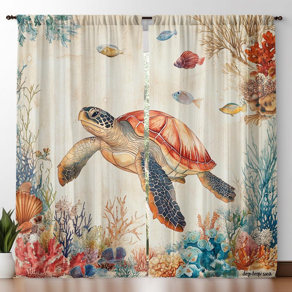 Ocean Turtle Coral Curtains Set of 2 Rod Pocket Semi Sheer for Living Room Bedroom Kids Room Decor