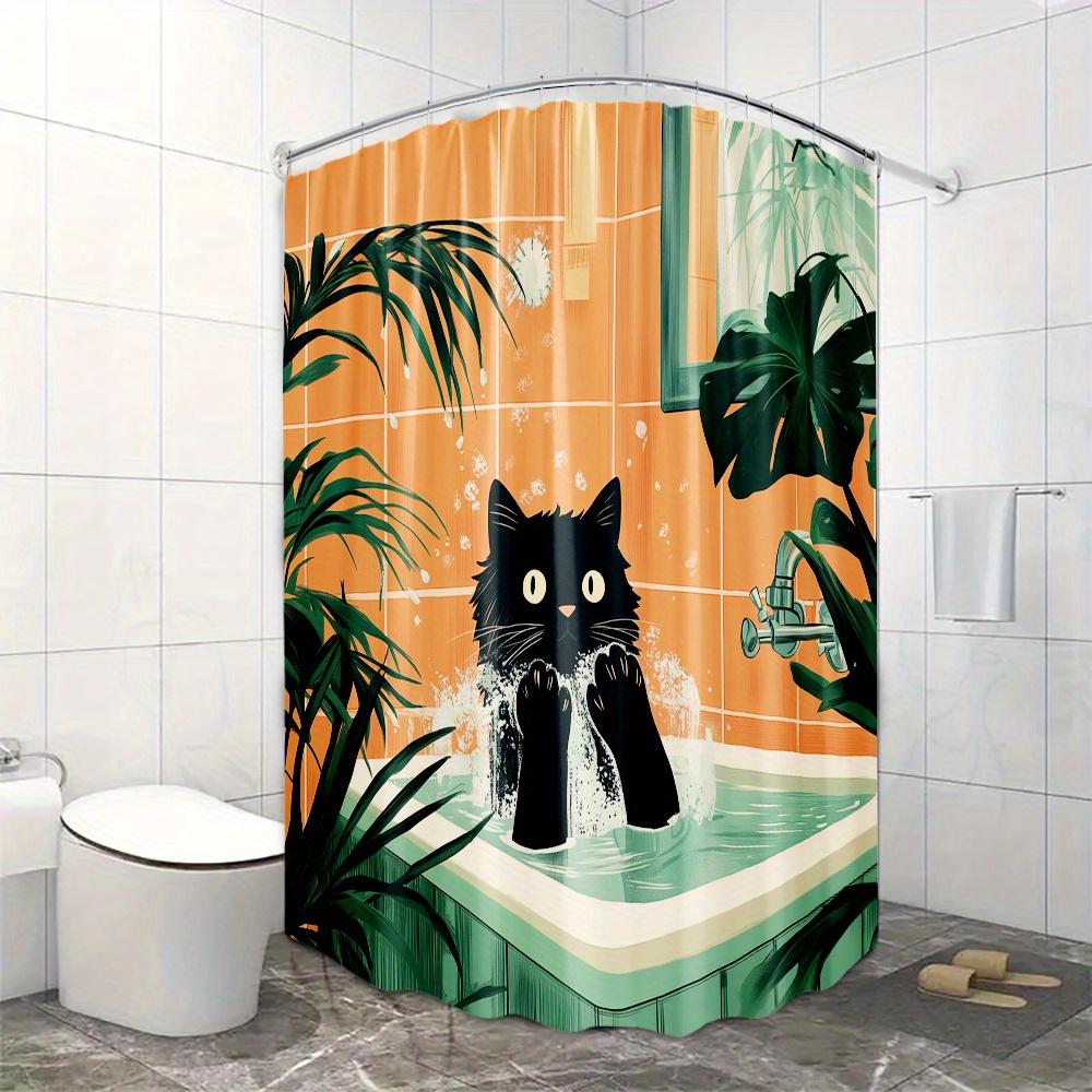 

1Pc Black Cat In Bathtub Shower Curtain, Whimsical Feline And Tropical Green Leaves Print For Cozy Bathroom Decor, Vivid Colorfu W60H190(CM)-1 Pcs