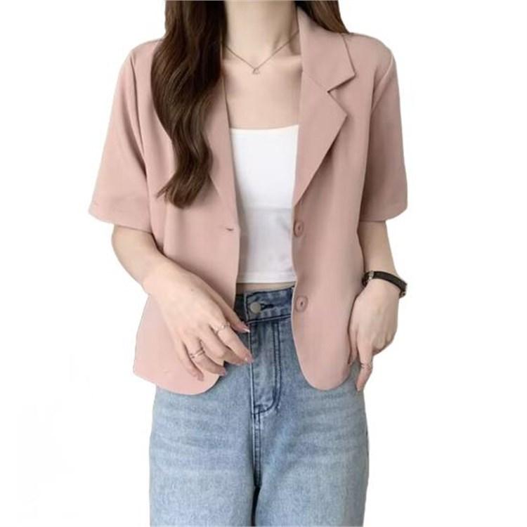 Women Summer Short Sleeve Lapel Loose Fit Business Suit Jacket with Pockets Solid Color