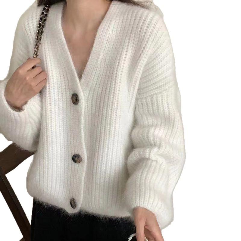 Korean-Style Faux Mink White V-Neck Fluffy Knitted Cardigan Shawl Sweater