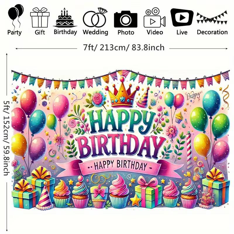 2D Happy Birthday Banner Backdrop Pastel Balloon Gift Box Party Decoration Prop