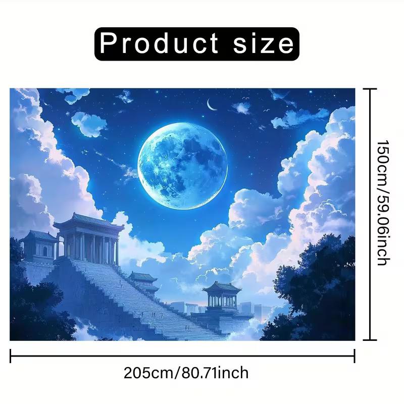 2D Mystical East Asian Background Cloth, Magical Blue Moon Over Ancient Pavilion Wall Decor