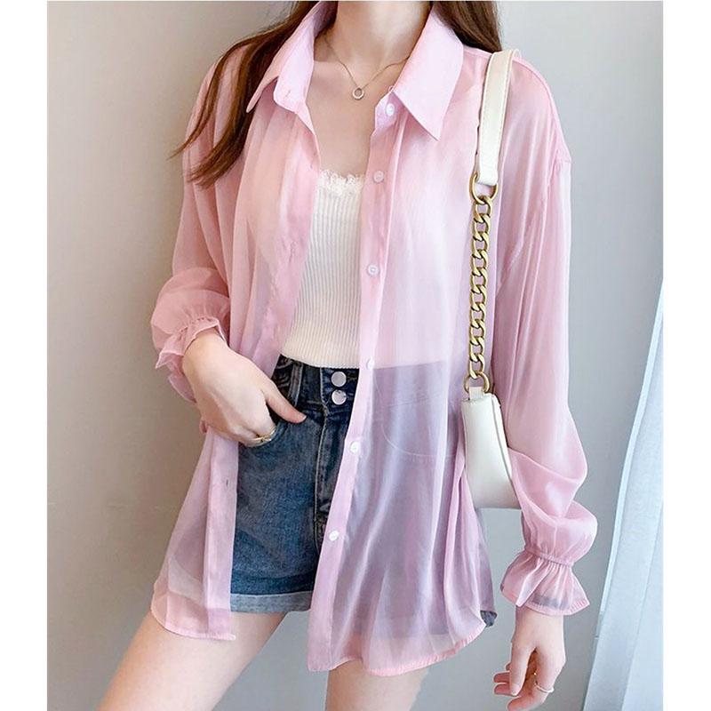 Women Thin Shirts Summer Perspective Solid Korean Sun Shirt Long Sleeve Fashion Korean Ladies Top Sunscreen Clothing