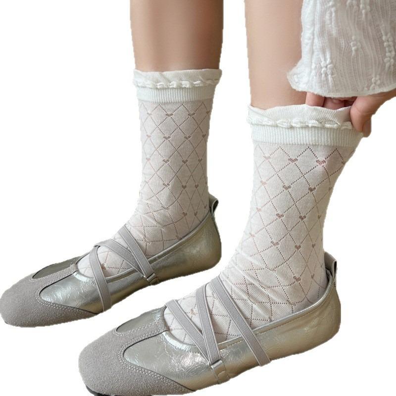 Spring and Summer White Stockings for Children, Long-legged with Geometric Lace Edging, Pure Cotton, Anti-Spangling, Bone-Free Women's Stockings