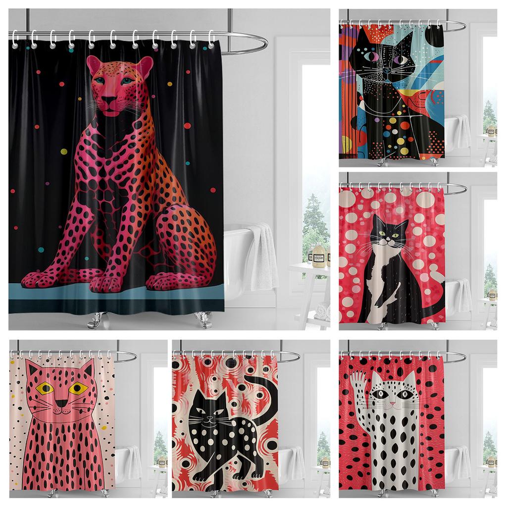 Pink Cat Shower Curtain, Black Spots & Multicolor Dots Design, Waterproof Bathroom Decor For Modern & Playful Homes