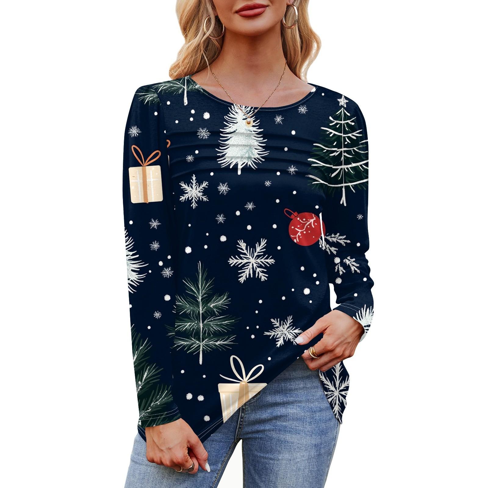 

Жіноча футболка з круглим вирізом, плісе, з довгим рукавом, з принтом різдвяної ялинки та сніжинок S Темно-синій