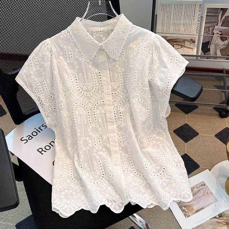 Elegantes Europäisches Sommer Design Gefühl Kleines Durchbrochenes Stickerei Kragen Oberteil Vielseitig Kombinierbar Koreanischer Stil Lockere Passform
