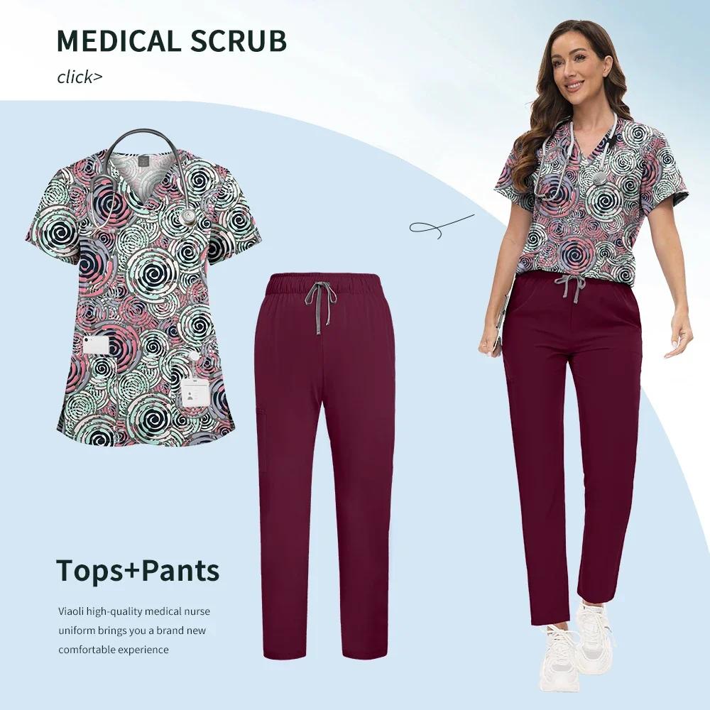 Printed Scrub Uniform Set V Neck Short Sleeves Pockets Top Medical Soft Scrub Pants Sets Nurse Surgical Uniforms Woman
