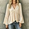 Women's Casual Loose Fit Bell Sleeve V-Neck Ruffled Blouse Top