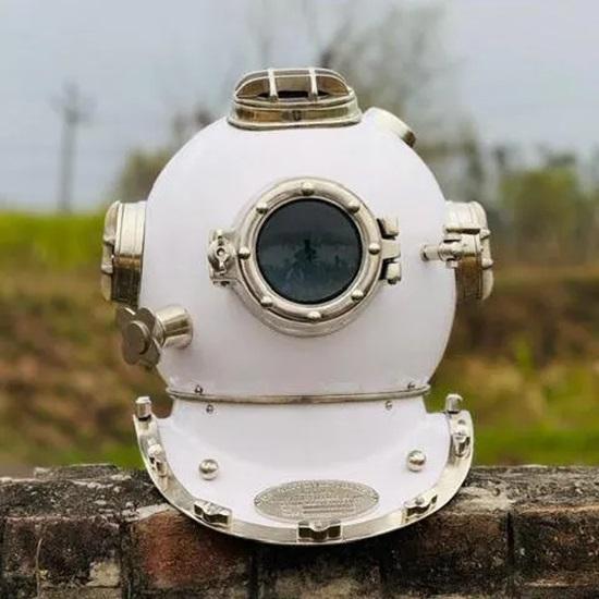 45.72 cm White Marine Diving Helmet Deep Sea Scuba Diver Helmet with Wooden Base Nautical Boston Maritime Decor Gift