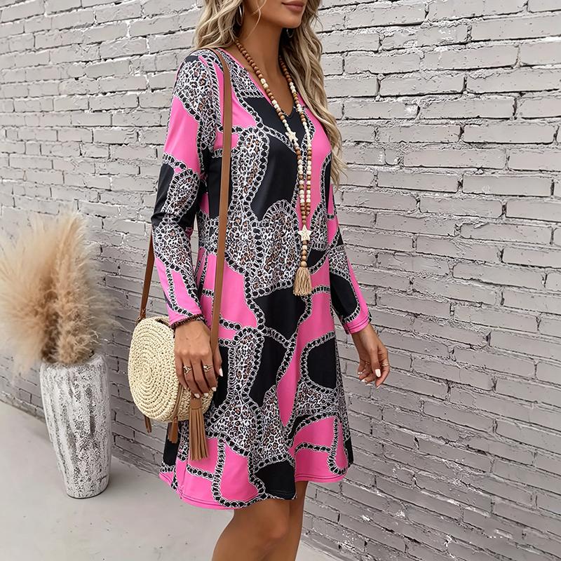 Women’s Boho V-Neck Long Sleeve Mini Dress – Flowy Tiered Dress with Geometric Print, Casual Everyday Sundress for Summer Wear